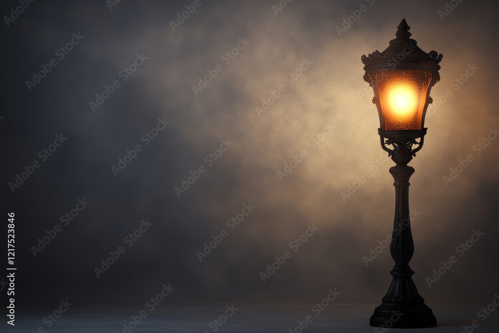 Poster vintage street lamp illuminated in a moody and atmospheric setting, casting a warm glow against a da