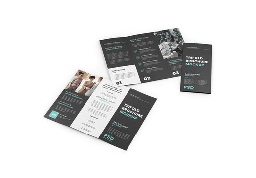 Trifold Brochure Mockup - Opened Inside Outside and Closed 01