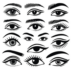 Set of different female eyes. Illustration isolated on white background. Eye icon set. Eyelash extensions, mascara, eyelashes, eyelash extensions. Set of women's eyes. Different types of eyes.	