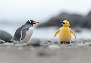 Obraz premium A yellow penguin walks next to an emperor penguin on the beach of the South Shetland Islands,
