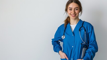A confident female healthcare professional in blue scrubs with a stethoscope exemplifies cheerfulness. Trusted in clinical settings, shes an invaluable member of the medical staff