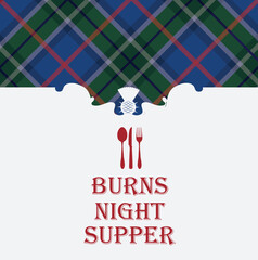 Burns night supper card on tartan background. 