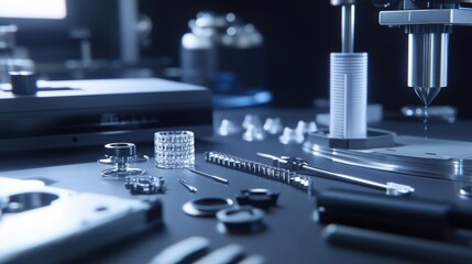 A closeup of a set of precision tools laid out neatly beside a 3D printer illustrating a collaborative innovation environment where rapid prototyping merges with handson craftsmanship.
