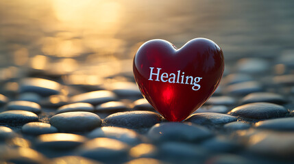 Fototapeta premium Red heart with healing text among stones. Used in emotional healing and therapeutic recovery concepts.