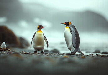 Obraz premium A yellow penguin walks next to an emperor penguin on the beach of the South Shetland Islands,