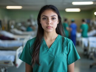 Fototapeta premium Young Woman in Green Scrubs in Hospital Environment