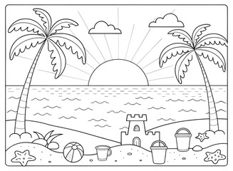 "Simple Kids Beach Coloring Page – Ocean, Sandcastles, and Fun Playtime"
