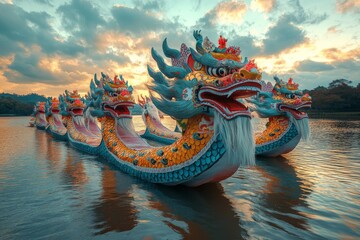 Fototapeta premium Dragon boats glide across the water during a colorful sunset in an enchanting lakeside setting