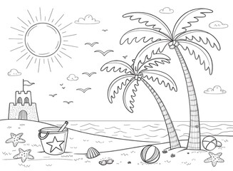 "Simple Kids Beach Coloring Page – Ocean, Sandcastles, and Fun Playtime"
