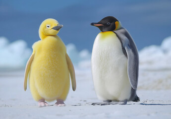 Obraz premium A yellow penguin walks next to an emperor penguin on the beach of the South Shetland Islands,