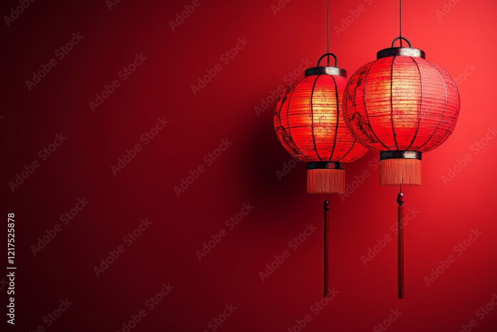 Poster red lanterns illuminate a festive atmosphere in an intimate setting during the evening hours
