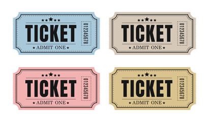 A set of vintage old ticket icons. Retro ticket design template. Tickets for cinema, movie, circus, carnival, film, festival, etc. Vector illustration.