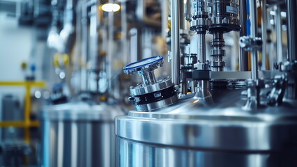 Modern and advance chemical production plant, close-up of stainless steel industrial chemical reactor, chemical reaction