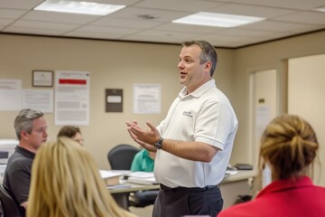 Obraz premium Man giving a presentation to an audience in a casual business setting, wearing a white polo shirt, with blurred attendees in the foreground 