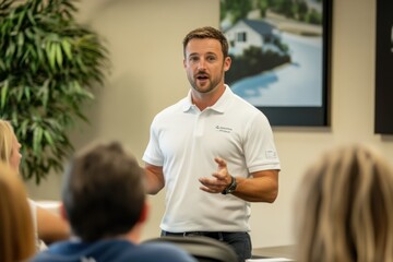 Man giving a presentation to an audience in a casual business setting, wearing a white polo shirt, with blurred attendees in the foreground and a modern office background.