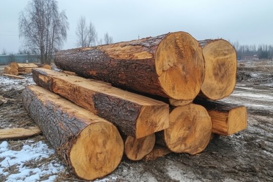 Stack of freshly cut tree logs placed outdoors on a snowy ground, showcasing raw timber ready for industrial or construction use