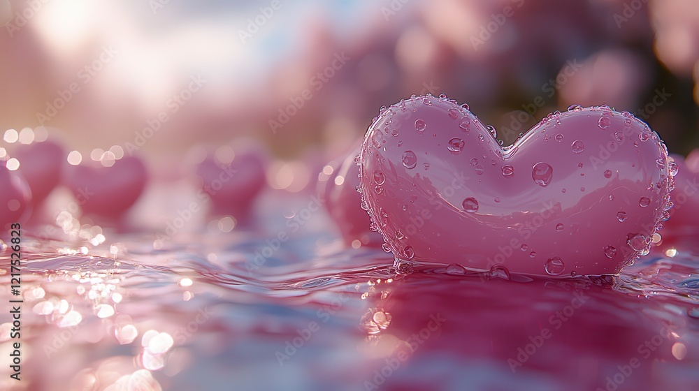 Poster pink heart-shaped objects on water with bokeh background.