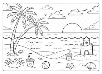 kids beach drawing coloring sheet, Fun Beach Day Coloring book for Kids – Sandcastles, Palm Trees, and Ocean Waves
