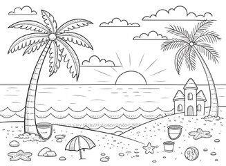kids beach drawing coloring sheet, Fun Beach Day Coloring book for Kids – Sandcastles, Palm Trees, and Ocean Waves
