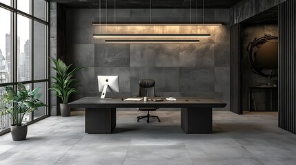 Modern Dark Office, City View, Desk, Plants, Meeting