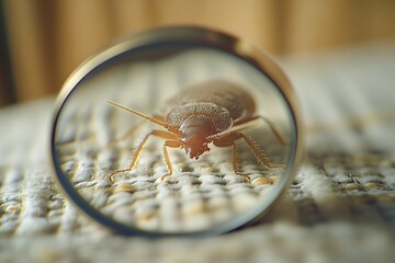 Bed bug on mattress under modern magnifying glass