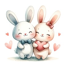 Obraz premium Adorable Bunny Couple: Two charming bunnies, one with a bow tie and the other with a pink bow, cuddle together while holding a heart, surrounded by smaller hearts. This illustration evokes love.