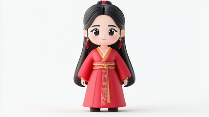 Adorable 3D Render of a Young Woman in Vibrant Red Traditional East Asian Dress