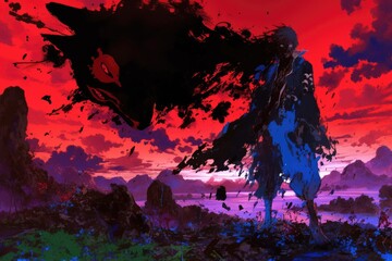 Anime Figure Stands Before a Dark Wolf Silhouette at Sunset