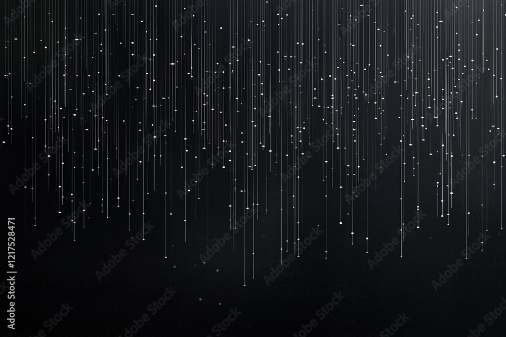 Poster abstract concept design: black background with vertical white lines and dots representing raindrops,
