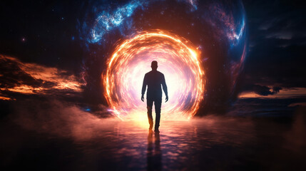 Fototapeta premium A translucent figure with veins of light, emerging from a glowing portal on an alien planet.