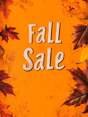 Fall sale advertisement featuring warm brown hues and autumn leaves with discount offers
