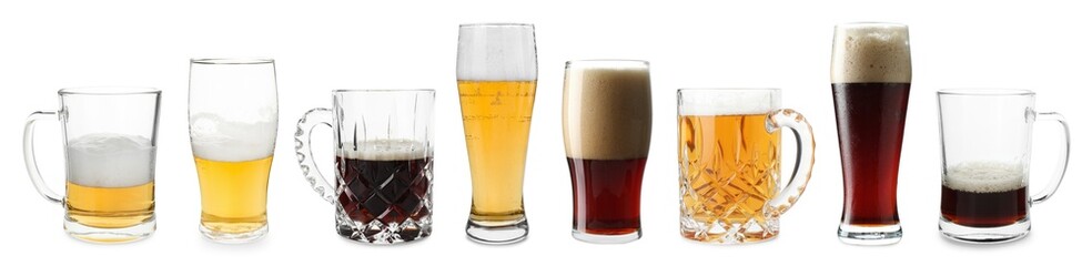 Different types of beer in glasses isolated on white, set