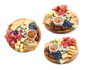 Different types of cut cheese and other snacks isolated on white, collage