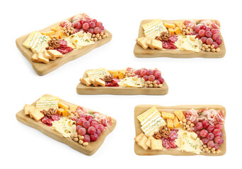 Different types of cut cheese and other snacks isolated on white, collage