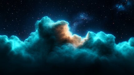 Glowing Nebula Cloudscape Digital Art, Night Sky, Cosmic Fantasy, Teal and Orange Hues, 3D Render Nebula, Space art