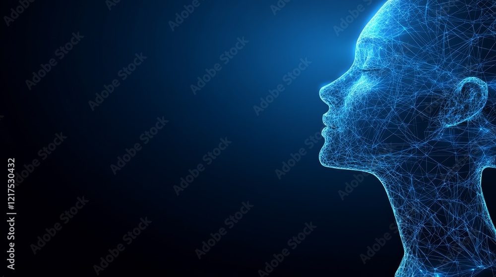Poster intricate network of lines and dots forming a head, visual representation of ideas innovation