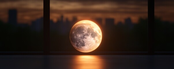 Lunar Orb Cityscape Sunset Composition, 3D Render, Surreal Moon, Digital Art. Moon, Surrealism
