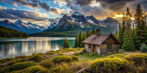 Naklejka premium Abandoned cabin, breathtaking Maligne Lake scenery: a Canadian Rockies photography adventure.