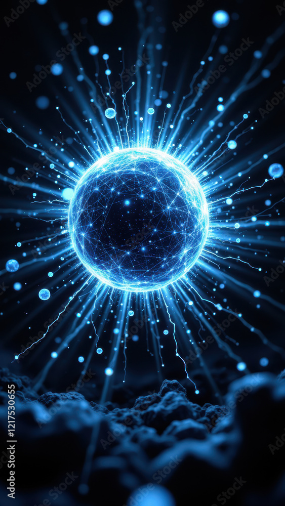 Poster an artistic representation of a nucleus with electrons orbiting around it, illustrating atomic struc