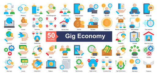 Obraz premium Gig Economy Icon Collection Set.Containing Employment, Efficiency, Outsource, Time management, Crowdsourcing, Virtual Assistant, Work, Gig work icon. Simple flat style Vector Illustration.