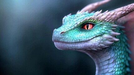 Fototapeta premium Teal Dragon Portrait Digital Painting, Close-up, Fantasy Creature, Dragon Art, Mythical Beast Digital Art, Fantasy