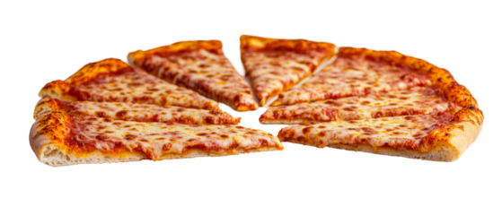 Fresh pizza slices arranged in half pie, showcasing melted cheese and sauce