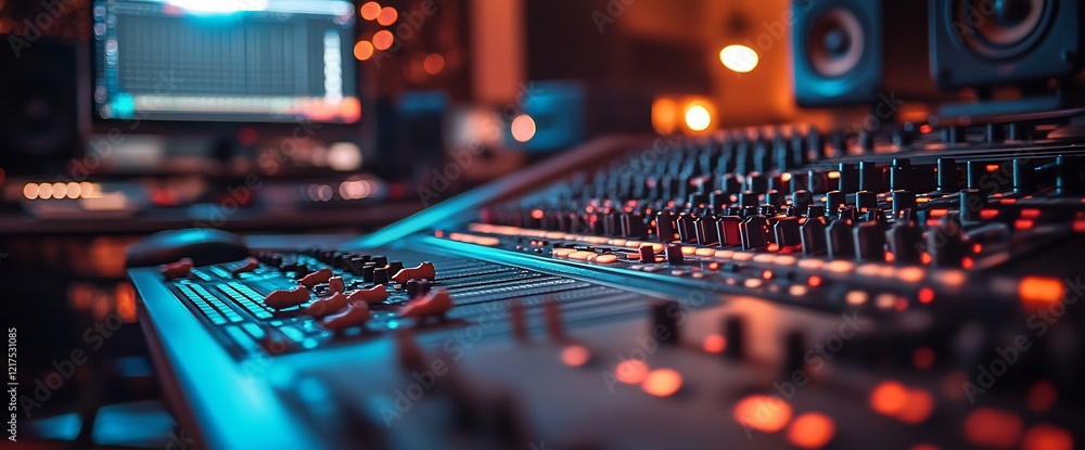 Poster audio mixing console illuminated in a music studio with warm and cool lights
