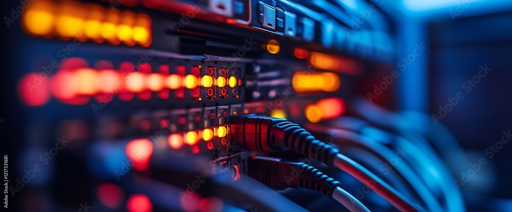 Aufkleber illuminated server rack with cables connecting network hardware in data center