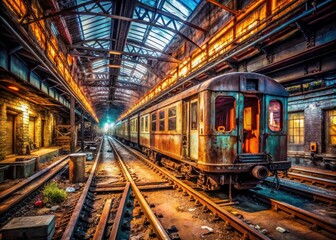 Abandoned NYC train depot: a dark, gritty horizontal image capturing urban decay.