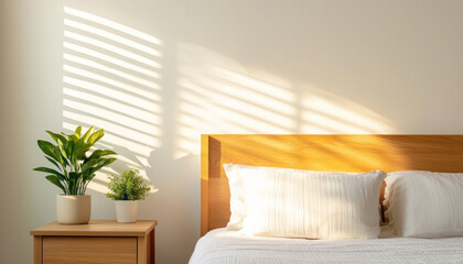 Modern minimalist bedroom with soft sunlight and indoor plants creating cozy atmosphere