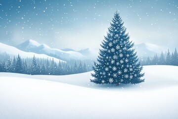 Snow-covered landscape with a decorated evergreen tree in a winter wonderland setting