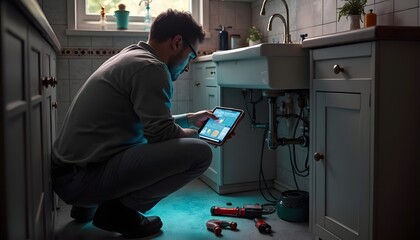 Plumber Uses Tablet for Home Repair app sink work 