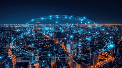 Night Cityscape Illuminated With Digital Network Overlay
