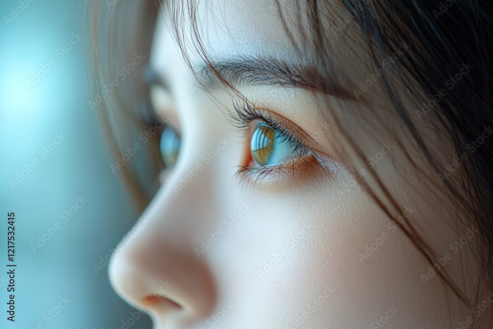 Poster close-up view of a woman's eye reflecting light and depth in a serene environment, creating an engag
